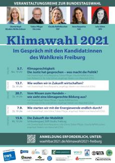 Flyer zur gesamten Podiumsdiskussionreihe KLIMAWAHL2021