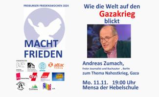 Andreas Zumach verfügt über ein reichhal" ges Wissen mit interna" onalen Erfahrungen zu den diversen Konfl ikten im Nahen und Mi$ leren Osten, sowie zu Fragen des Völkerrechts, der Sicherheitspolitik und Menschenrechtsthemen.