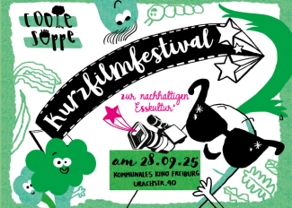 Postkarte mit den Infos zum Festival - siehe Text und Bildmotiven wie Karotte mit Sonnenbrille, Kamera und weitere Gemüse