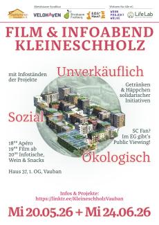Plakat mit Eckdaten, in der Mitte ist ein kreisförmiger Ausschnitt auf das zukünftige Quartier Kleineschholz zu sehen
