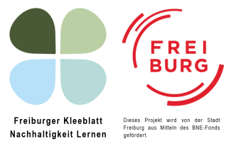 Logo BNE-Fonds der Stadt Freiburg: Kleblatt mit unterschiedlichen Farben, sowie Logo der Stadt Freiburg